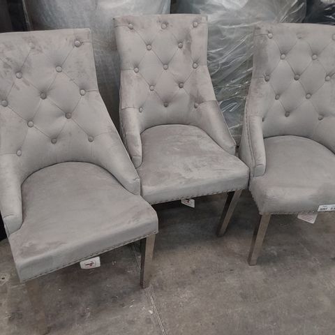 SET OF SIX BUTTONED BACK GREY PLUSH FABRIC UPHOLSTERED DINING CHAIRS ON SILVER LEGS WITH RING BACKS