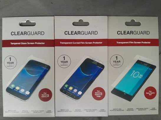 BOX OF APPROXIMATELY 30 ASSORTED CLEARGUARD SCREEN PROTECTORS FOR VARIOUS MAKES AND MODELS