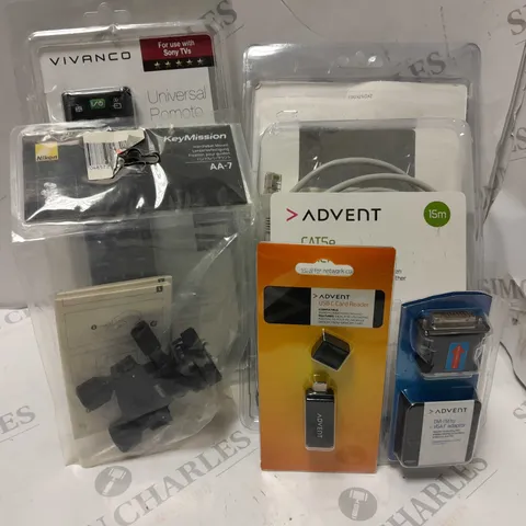 APPROXIMATELY 5 ASSORTED ELECTRICAL PRODUCTS TO INCLUDE ADVENT USB C CARD READER, KEYMISSION AA-7 HANDLEBAR MOUNT, ADVENT CAT5 ETHERNET CABLE, ETC