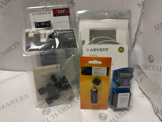 APPROXIMATELY 5 ASSORTED ELECTRICAL PRODUCTS TO INCLUDE ADVENT USB C CARD READER, KEYMISSION AA-7 HANDLEBAR MOUNT, ADVENT CAT5 ETHERNET CABLE, ETC