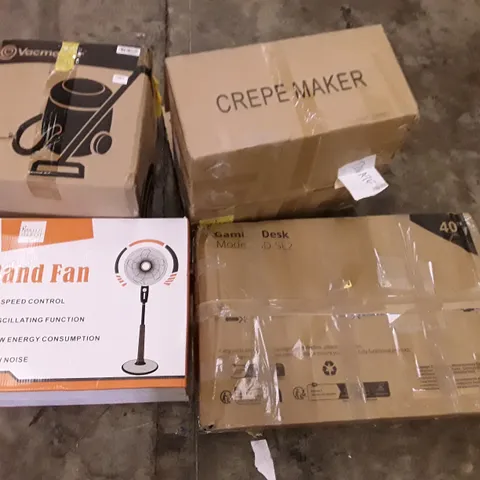 PALLET OF ASSORTED PRODUCTS INCLUDING CREPE MAKER, GAMING DESK, STAND FAN, VACMASTER
