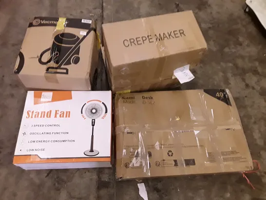 PALLET OF ASSORTED PRODUCTS INCLUDING CREPE MAKER, GAMING DESK, STAND FAN, VACMASTER