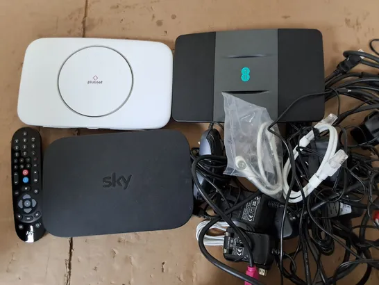 APPROXIMATELY 10 ASSORTED HOUSEHOLD ITEMS TOO INCLUDE SKY REMOTE, INTERNET ROUTERS, AND COMPUTER MOUSE ETC  