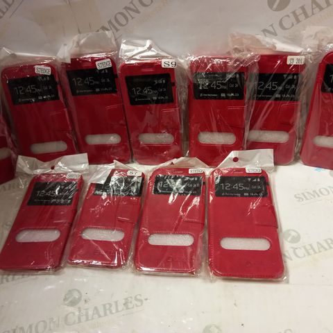 LOT OF APPROX 15 ASSORTED PHONE CASES TO INCLUDE RED LEATHER FLIP CASES FOR GALAXY S7, S7 EDGE, S9 MODLES, BLACK TEXTURED S7 SILICONE CASE, ETC