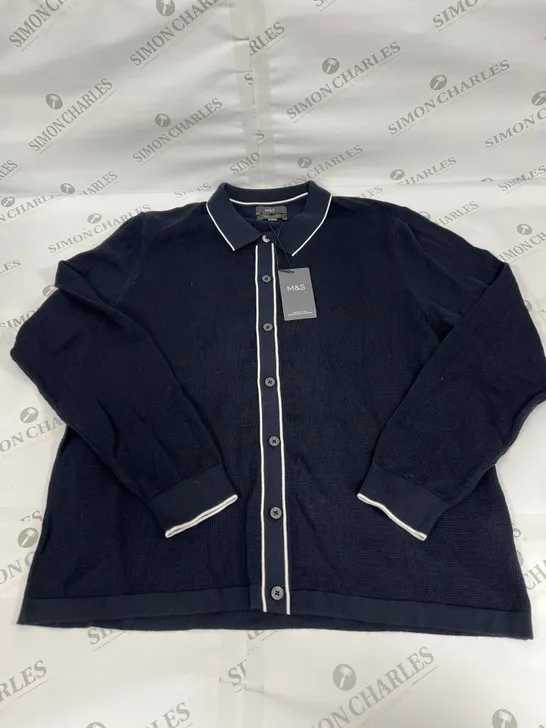 M&S COTTON RICH BUTTONED LONG SLEEVE SHIRT IN WAFFLE KNIT NAVY SIZE XL