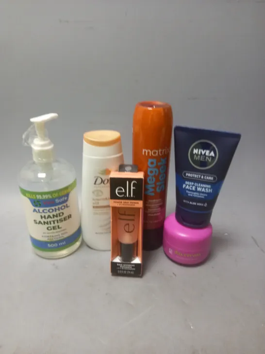 APPROXIMATELY 20 ASSORTED COSMETICS PRODUCTS TO INCLUDE - NIVEA MEN FACE WASH - ELF POWER GRIP PRIMER - DOVE BODY WASH - ETC 