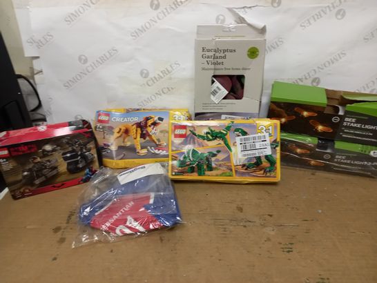 LOT OF APPROX 5 ASSORTED ITEMS TO INCLUDE BEE STAKE OUTDOOR LIGHTING, LEGO CREATOR SETS (31112, 76179, 31058) AND EUCALYPTUS GARLAND  RRP £86.95
