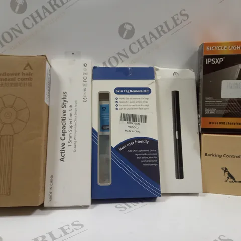 BOX OF 6 ASSORTED ITEMS TO INCLUDE SKIN TAG REMOVAL KIT, BICYCLE LIGHT, BARKING CONTROL COLLAR, ETC 