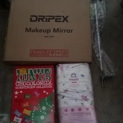 PALLET OF ASSORTED ITEMS INCLUDING DRIPEX MAKEUP MIRROR, MAMA BEAR NAPPIES, TUNYS COUNTDOWN CALENDER, WEED PULLER