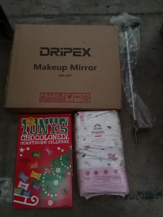 PALLET OF ASSORTED ITEMS INCLUDING DRIPEX MAKEUP MIRROR, MAMA BEAR NAPPIES, TUNYS COUNTDOWN CALENDER, WEED PULLER