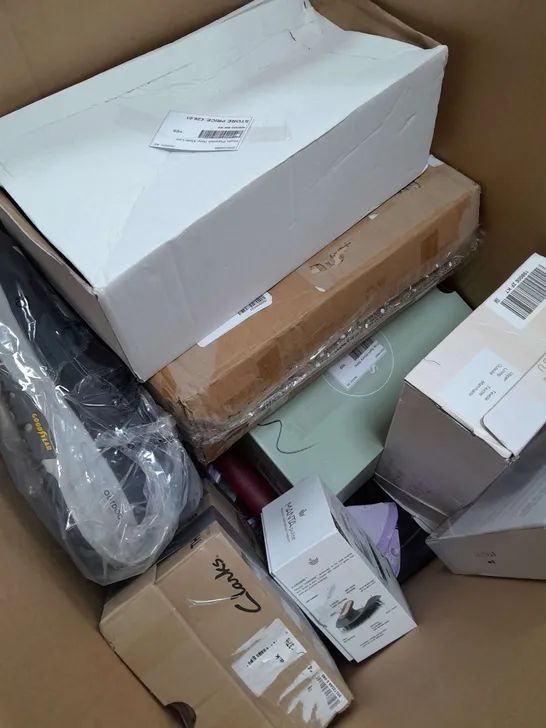 LARGE BOX OF APPROXIMATELY 15 ASSORTED HOUSEHOLD ITEMS TO INCLUDE SHOES , BAGS , MANTA HAIR BRUSH , ETC  