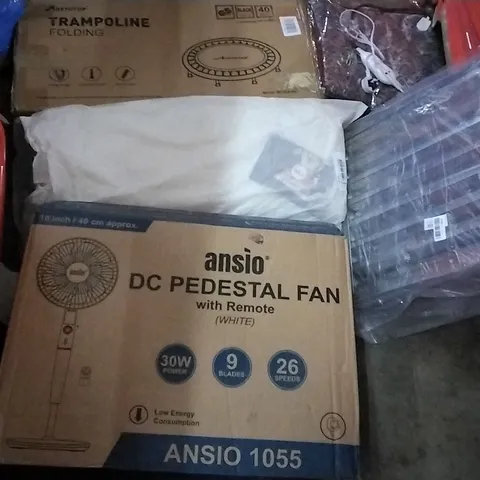 PALLET OF ASSORTED ITEMS INCLUDING MOVTOTOP TRAMPOLINE, ANSIO PEDESTAL FAN, CANOPY BAFFLE GREASE FILTER, LOTUS CRAFTS PILLOW 