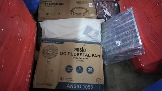 PALLET OF ASSORTED ITEMS INCLUDING MOVTOTOP TRAMPOLINE, ANSIO PEDESTAL FAN, CANOPY BAFFLE GREASE FILTER, LOTUS CRAFTS PILLOW 