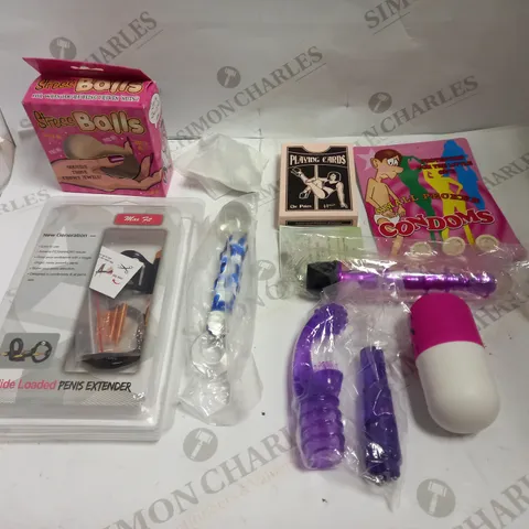 LOT OF APPROX 10 ASSORTED ADULT ITEMS TO INCLUDE VIBRATORS, STROKER, GLASS DILDO ETC