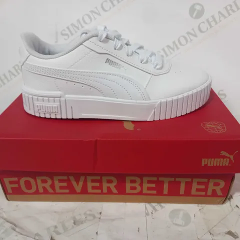 BOXED PAIR OF PUMA CARINA 2.0 PS SHOES IN WHITE/SILVER COLOUR UK SIZE 2