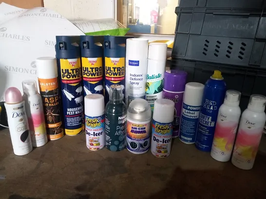 APPROXIMATELY 16 ASSORTED AEROSOL SPRAYS TO INNCLUDE; DOVE, BEDHEAD, VIRBAC, KARLSTEN, SILVERHOOK AND BATISTE