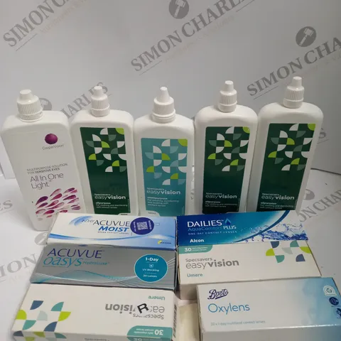 BOXED LOT TO CONTAIN APPROX. 30 X ASSORTED VISION CARE PRODUCTS. INCLUDES PACKS OF CONTACT LENSES & CONTACT LENSE CLEANING SOLUTION. BRANDS VARY