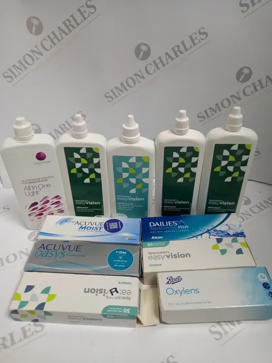 BOXED LOT TO CONTAIN APPROX. 30 X ASSORTED VISION CARE PRODUCTS. INCLUDES PACKS OF CONTACT LENSES & CONTACT LENSE CLEANING SOLUTION. BRANDS VARY