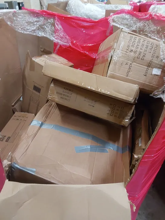 PALLET OF ASSORTED HOUSEHOLD ITEMS AND CONSUMER PRODUCTS. INCLUDES; ROTARY DEHUMIDIFIER, DOUBLE BURNER STOVE, BLADELESS HEATER FAN, BOXED FURNITURE ETC 