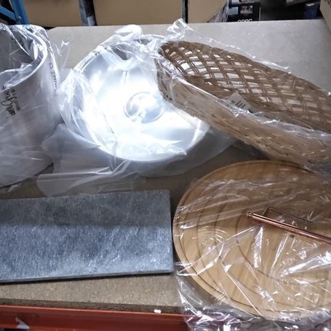 4 BOXES OF APPROXIMATELY 20 ITEMS INCLUDING 10" SAUCEPAN, LARGE SERVING LID, WICKER BASKET, SERVING STONE SLAB, BAMBOO BASE WITH COPPER ROD