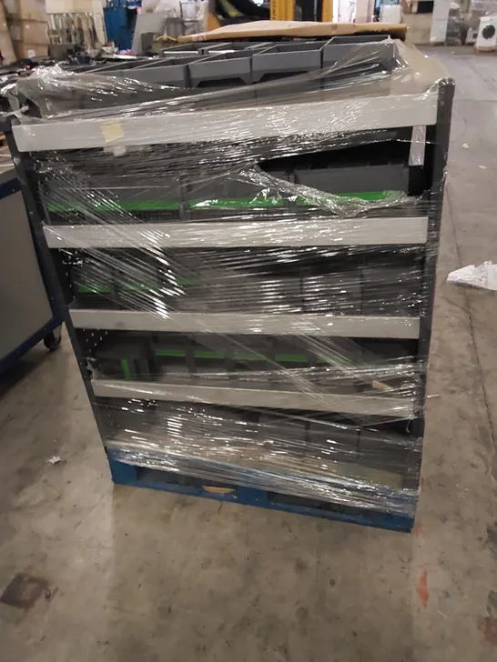 PALLET TO CONTAIN 3 X METAL WORK STORAGE RACKING WITH TUBS