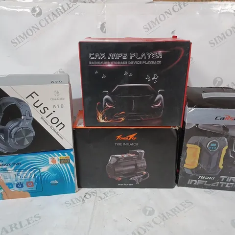 BOX OF APPROX 12 ITEMS TO INCLUDE - CAR MP5 PLAYER - TIRE INFLATOR - FUSION A70 HEADPHONES ECT