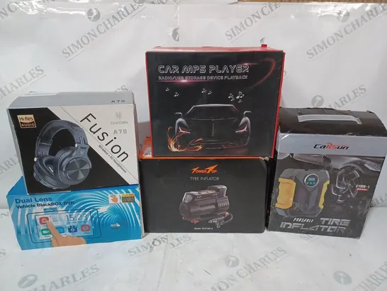 BOX OF APPROX 12 ITEMS TO INCLUDE - CAR MP5 PLAYER - TIRE INFLATOR - FUSION A70 HEADPHONES ECT