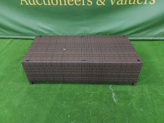 DESIGNER CHOCOLATE MIX RATTAN COFFEE TABLE WITH UNDERSIDE FOOTSTOOLS AND CUSHIONS - MISSING GLASS TOP