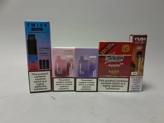 BOX OF APPROXIMATELY 15 VAPES TO INCLUDE -  VUSE GO 700 CREAMY TOBACCO , LOST MARY GRAPE , LOST MARY BLUEBERRY SOUR RASPBERRY ETC