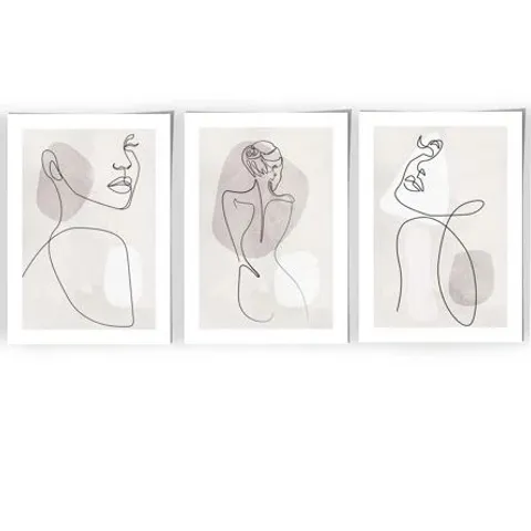 BOXED 3 PIECE FEMALE LINE ART BEIGE AND GREY PRINTS 