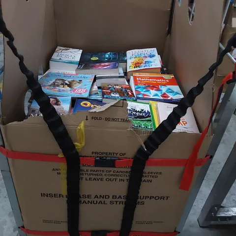 CAGE OF ASSORTED BOOKS INCLUDING, HARRY POTTER BOX SET, GRUFFALO ADVENT CALENDAR BOOK COLLECTION, RELIGIOUS BOOKS, COOKERY, TEXT & REFERENCE BOOKS