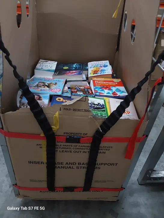 CAGE OF ASSORTED BOOKS INCLUDING, HARRY POTTER BOX SET, GRUFFALO ADVENT CALENDAR BOOK COLLECTION, RELIGIOUS BOOKS, COOKERY, TEXT & REFERENCE BOOKS