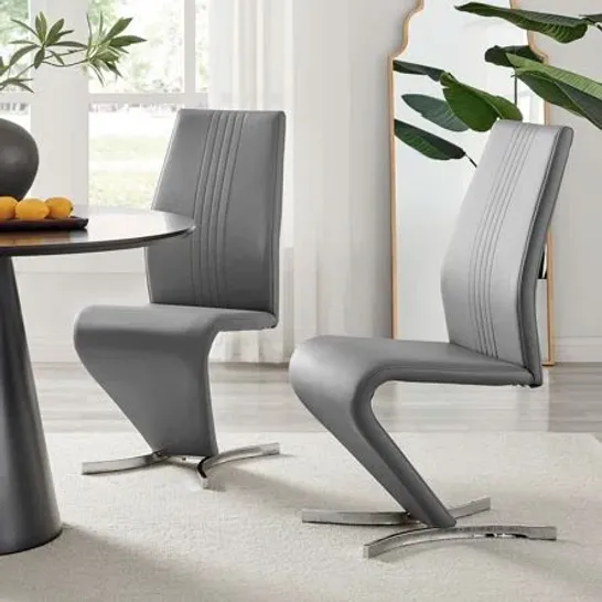 BOXED SET OF 2 FAUX LEATHER CHROME LEGS DINING CHAIRS Z-SHAPED CHROME FEET MODERN DESIGN - ELEPHANT GREY (1 BOX)