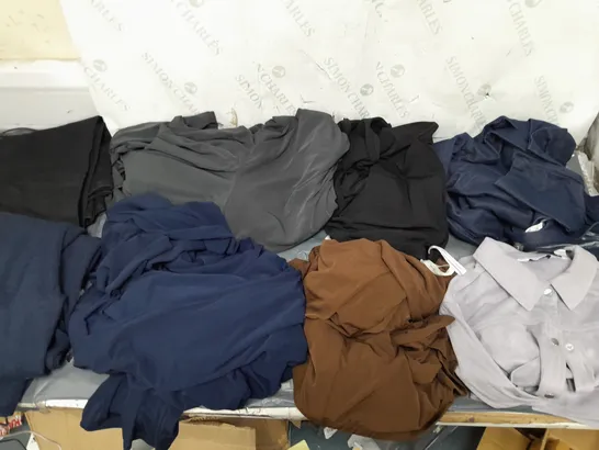 BOX OF APPROXIMATELY 10 ASSORTED PIECES OF CLOTHING IN VARIOUS STYLES, SIZES, AND BRANDS 