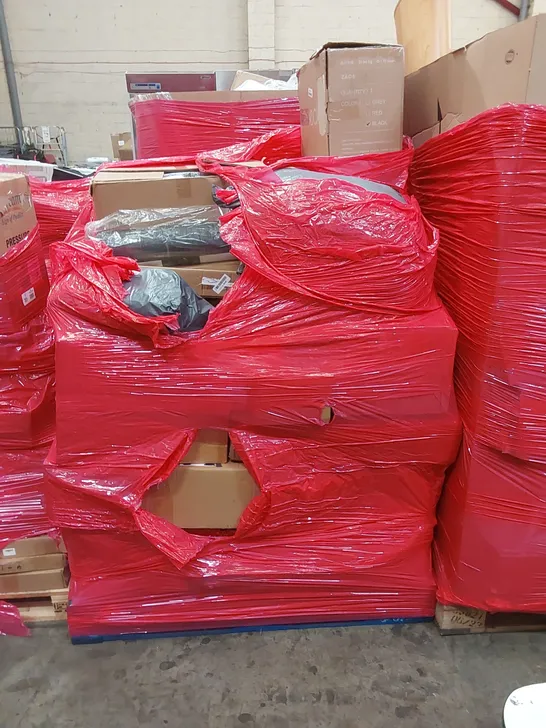 PALLET OF ASSORTED HOUSEHOLD ITEMS AND CONSUMER PRODUCTS TO INCLUDE; TRITON SHOWER, EXERCISE BIKE, UTENSIL SET, BOXED FURNITURE ETC 