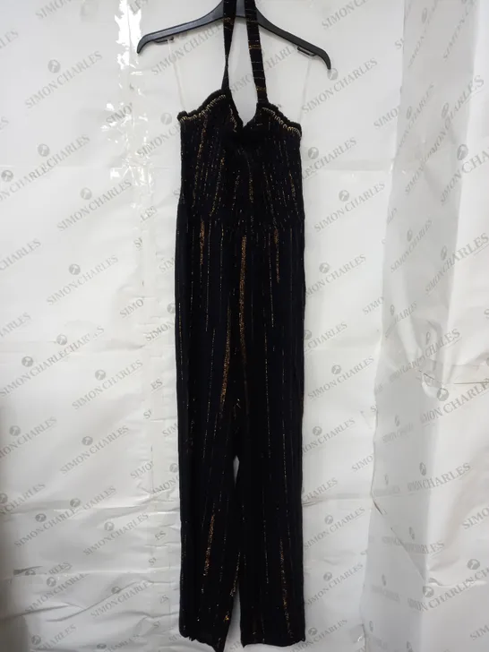 MONSOON HALERNECK JUMPSUIT IN BLACK AND GOLD STRIPE SIZE 15YRS