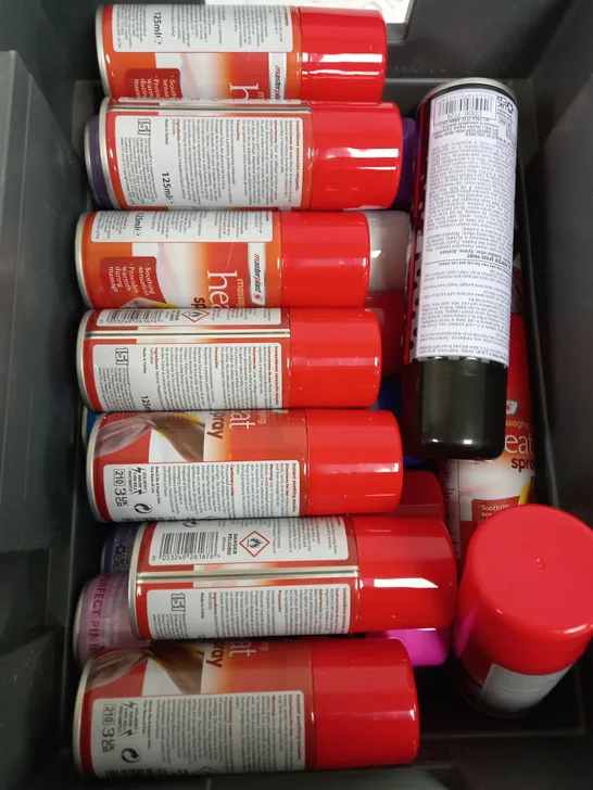 BOX OF APPROX 15 ASSORTED LIQUIDS TO INCLUDE - COLOUR IT & HEAT SPRAY ETC