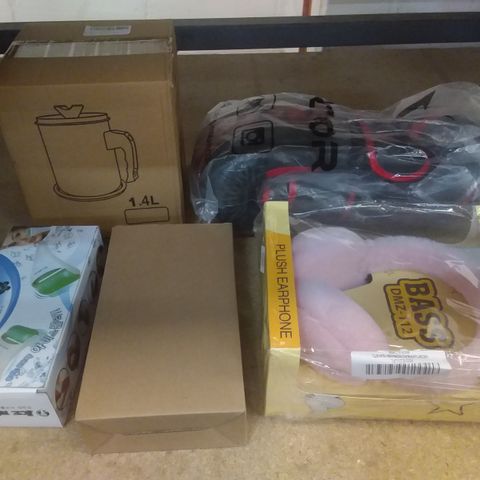 BOX OF ASSORTED HOMEWARE ITEMS TO INCLUDE HEADPHONES, FACE ROLLERS, BOXING GLOVES ETC