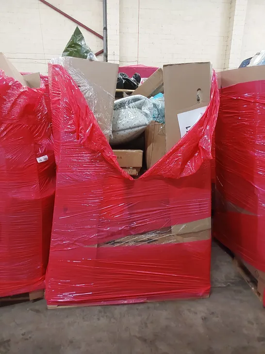 PALLET OF ASSORTED HOUSEHOLD ITEMS AND CONSUMER PRODUCTS TO INCLUDE; ROLLER BLIND, TOILET SEAT, OFFICE CHAIR, INFLATABLE AIRBED, BOXED FURNITURE ETC 