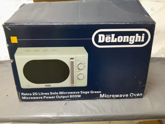 BOXED DELONGHI RETRO 20L SOLO MICROWAVE SAGE GREEN - COLLECTION ONLY