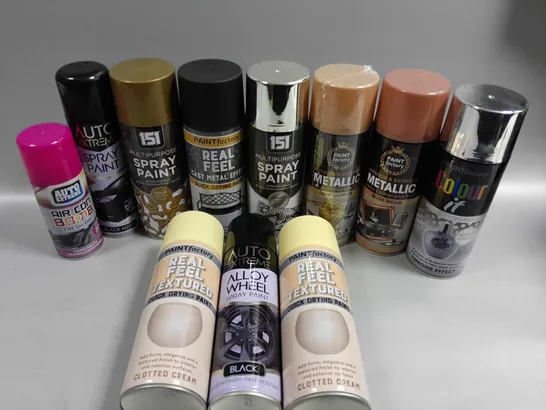 11 X ASSORTED SPRAY PAINTS IN ASSORTED COLOURS & STYLES TO INCLUDE CLOTTED CREAM, CHROME EFFECT, DEEP COPPER ETC 