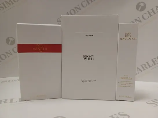 BOX OF 3 ASSORTED ZARA FRAGRANCES TO INCLUDE RED VANILLA EAU DE TOILETTE, EBONY WOOD EAU DE PARFUM, RED TEMPTATION EAU DE PARFUM 