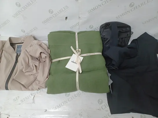 BOX OF APPROXIMATELY 25 ASSORTED CLOTHING ITEMS TO INCUDE - BAG, JUMPSUIT , JACKET , ETC