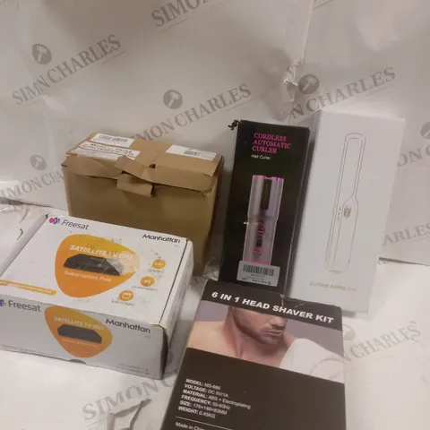 BOX OF APPROXIMATELY 5 ASSORTED ITEMS TO INCLUDE HAIR CURLER, SHAVER KIT, SATELITE BOX ETC