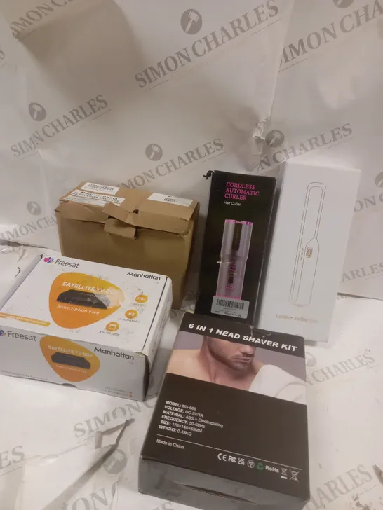 BOX OF APPROXIMATELY 5 ASSORTED ITEMS TO INCLUDE HAIR CURLER, SHAVER KIT, SATELITE BOX ETC