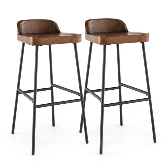 BOXED COSTWAY WOODEN BAR STOOL SET OF 2 WITH CHIC LOW BACK AND METAL LEGS