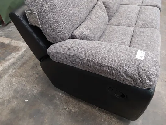 DESIGNER MANUAL RECLINING THREE SEATER SOFA BLACK FAUX LEATHER & GREY FABRIC 