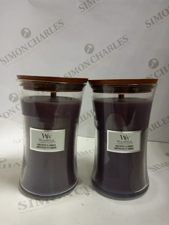 lot of 2  x WOODWICK  AMETHYST AND AMBER SCENTED CANDLE WITH WOODEN WICK AND LID GLASS LARGE 609,5 G