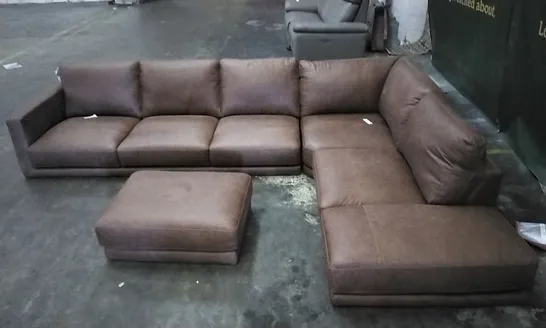 QUALITY ITALIAN DESIGNER RUSTIC BROWN LEATHER CORNER GROUP SOFA WITH FOOTSTOOL