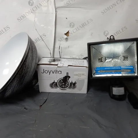 BOX OF APPROXIMATELY 5 ASSORTED ITEMS TO INCLUDE - JOYVITA CHAIR WHEELS , FLOOD LIGHT , LIGHT SHADE ETC